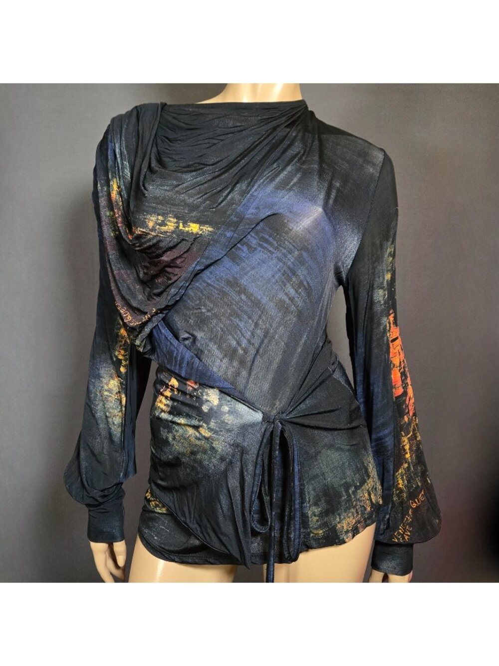 Vintage Save The Queen Long sleeve Top Blouse size S Avant Garde Blue Black